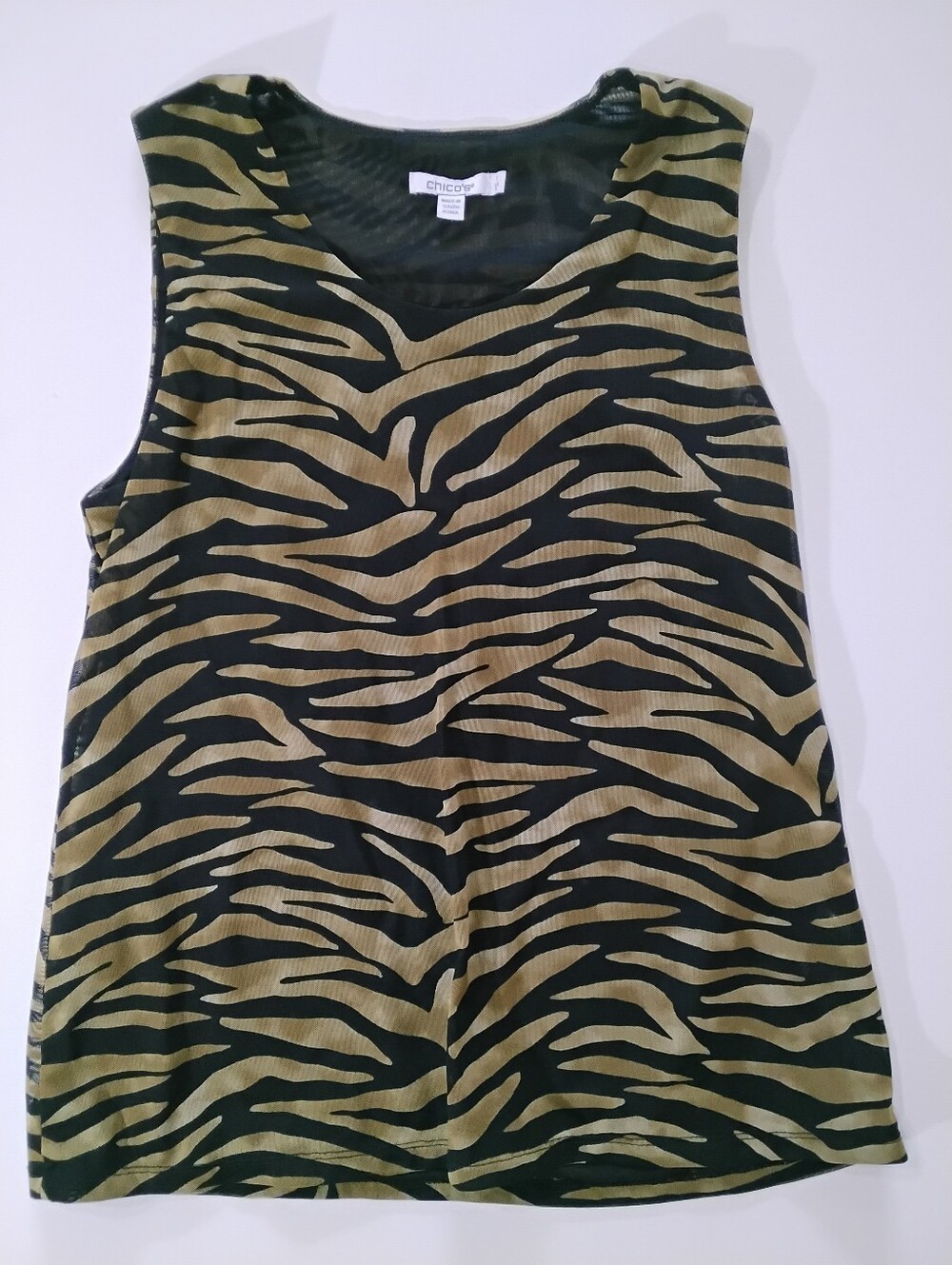 Chicos Tiger Print‎ Blouse Womens Size Medium Tan Black Mob Wife Indie Sleaze